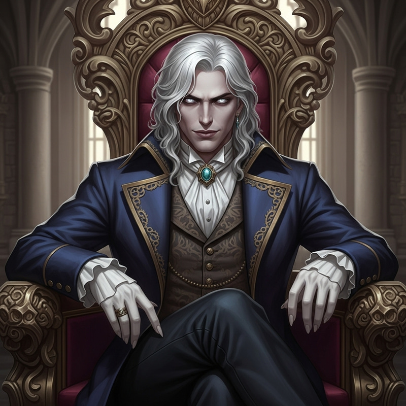 Male Fantasy Character with Piercing White Eyes in Victorian Attire Male Fantasy Character with Piercing White Eyes in Victorian Attire