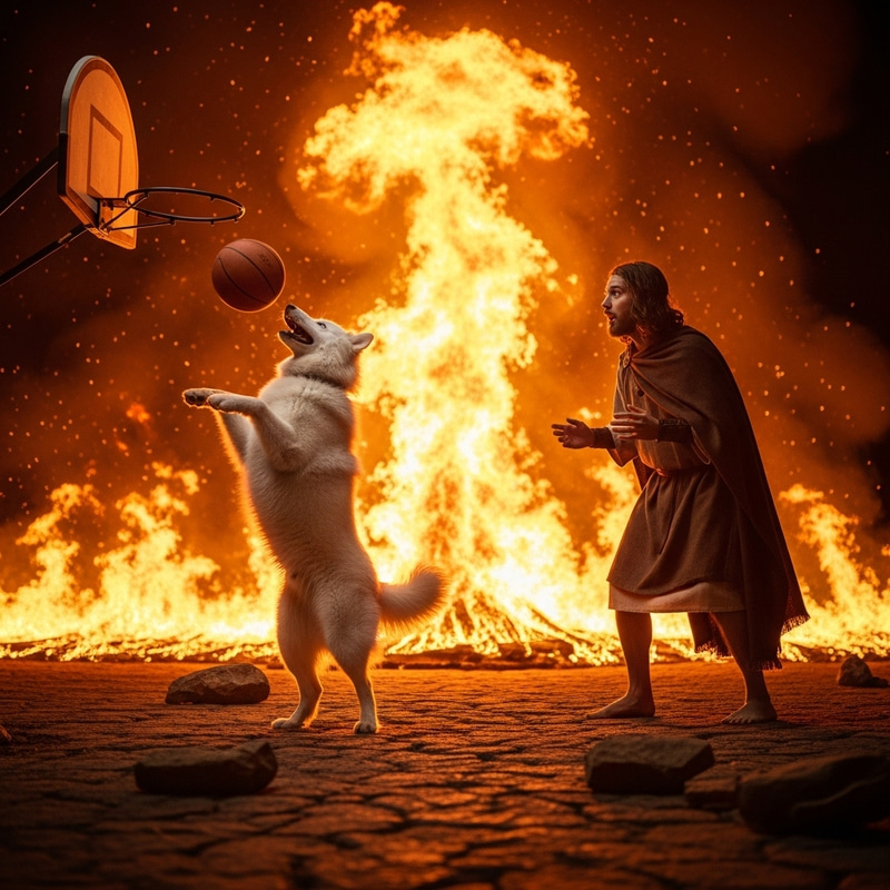 Dog Playing Basketball with Jesus in Fiery Background Dog Playing Basketball with Jesus in Fiery Background