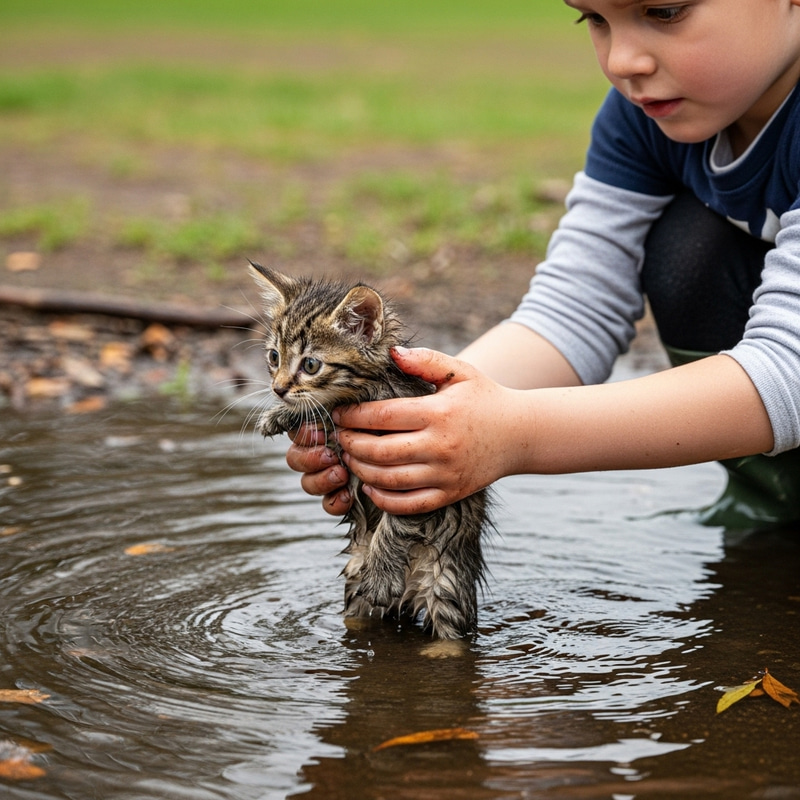 Rescuing Small Kitten from Dirty Water by Child Rescuing Small Kitten from Dirty Water by Child