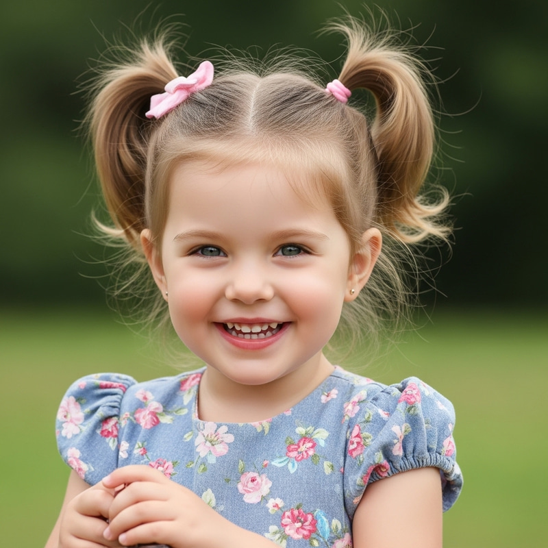Smiling Little Girl with Ponytails - Realistic Dress Portrait Smiling Little Girl with Ponytails - Realistic Dress Portrait