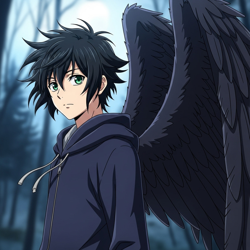 Anime Character with Enchanting Green Eyes & Dark Angel Wings
