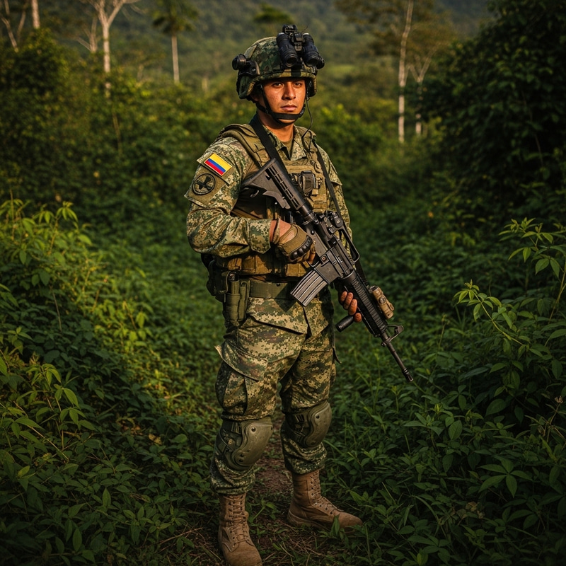 Colombian Special Forces Soldier in Jungle with Night Vision Goggles Colombian Special Forces Soldier in Jungle with Night Vision Goggles