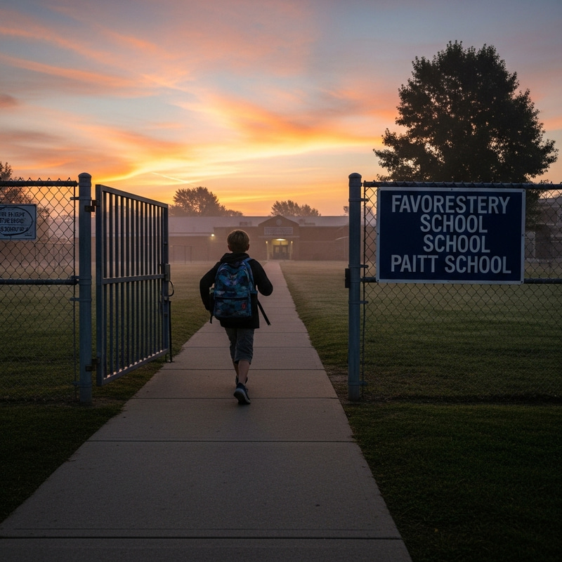 Suburban School Gate Closing: One Kid Enters Before Dusk