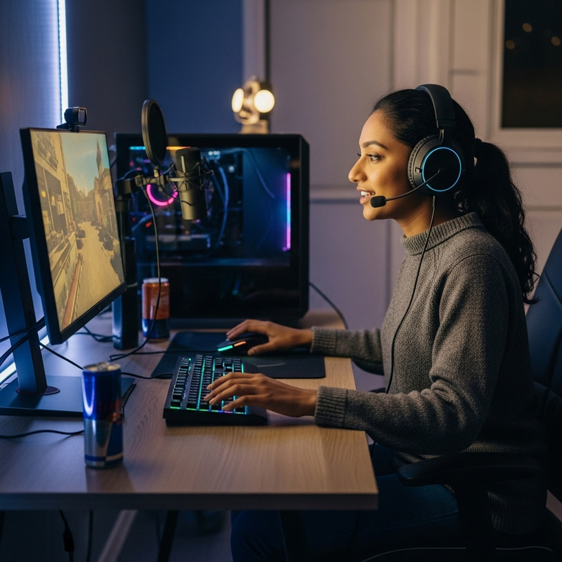 South Asian Woman Live Streaming Gaming | Focused on Computer Screen South Asian Woman Live Streaming Gaming | Focused on Computer Screen