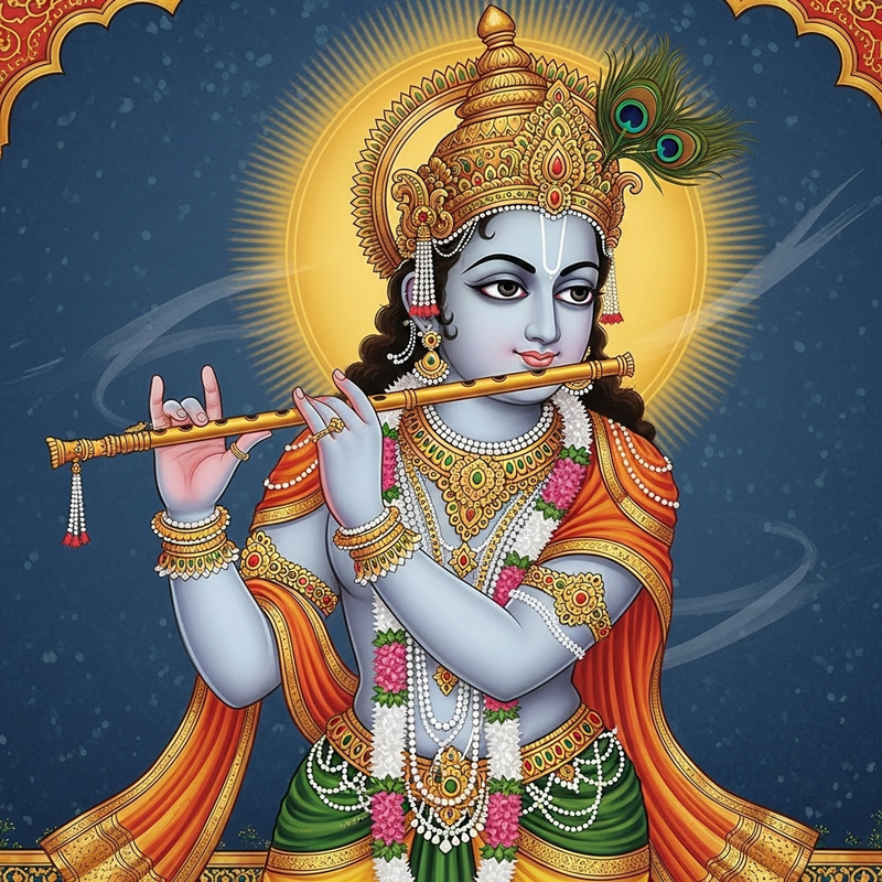 Krishna Playing Flute in Traditional Indian Miniature Art