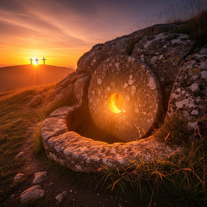 Empty Tomb Of Jesus Christ At Sunrise - Resurrection With Three Crosses