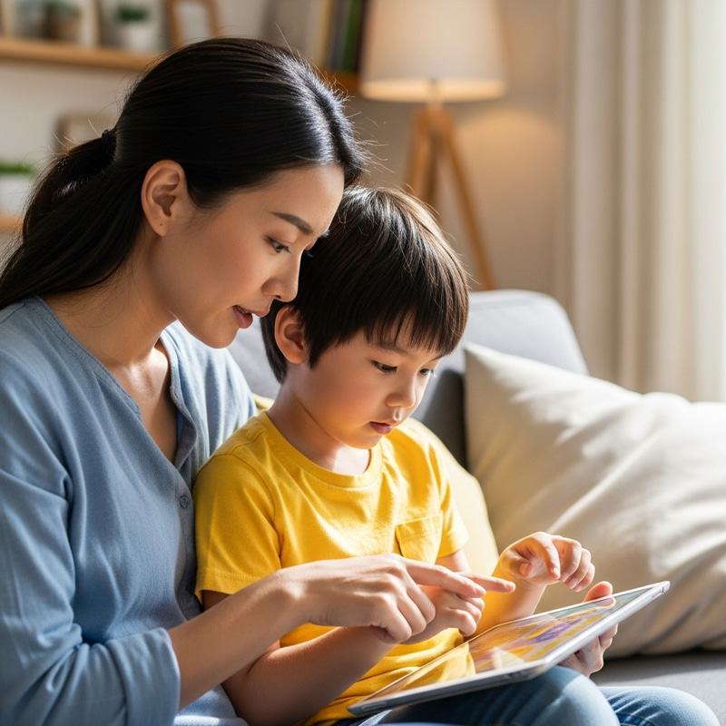 Asian Mother Guiding Child on iPad | Family Sofa Scene Asian Mother Guiding Child on iPad | Family Sofa Scene