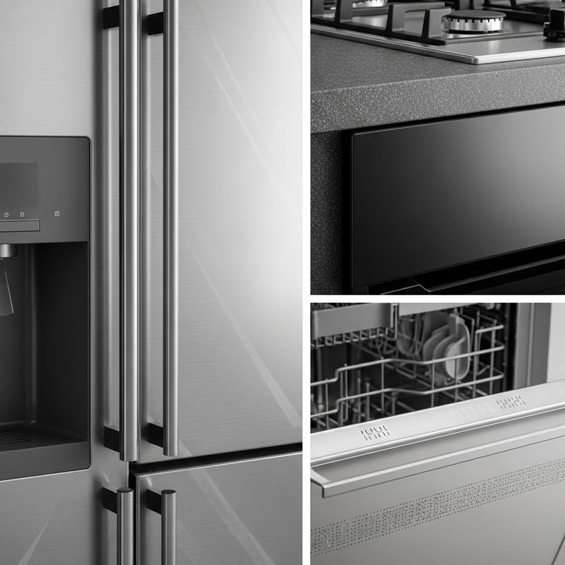 Appliance Texture Close-Up: Fridge, Oven, Stove & Dishwasher Appliance Texture Close-Up: Fridge, Oven, Stove & Dishwasher