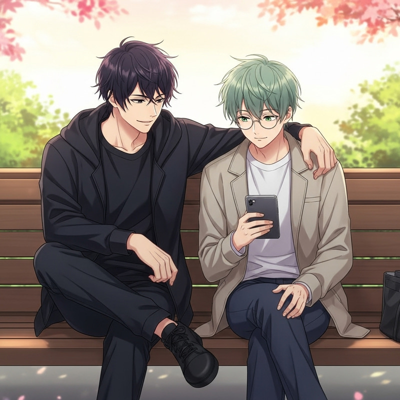 Yoonmin: Illustration of Two Young Men with Distinctive Features in Conversation Yoonmin: Illustration of Two Young Men with Distinctive Features in Conversation