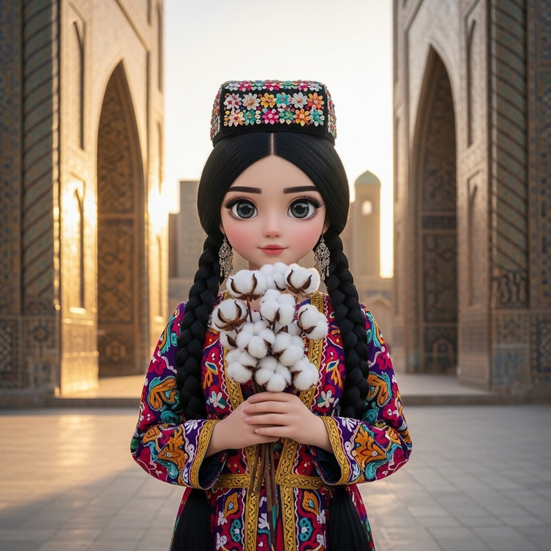 Uzbek Girl with Big, Expressive Eyes in Traditional Attire