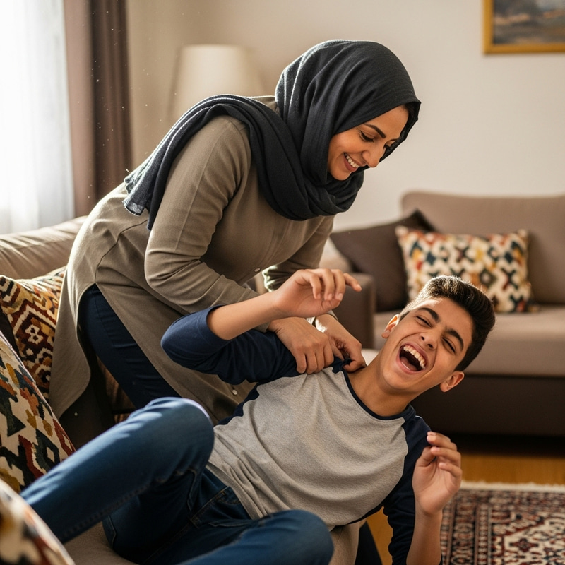 Joyful Middle-Eastern Mother Tickles Teen Son | Heartwarming Moment Joyful Middle-Eastern Mother Tickles Teen Son | Heartwarming Moment