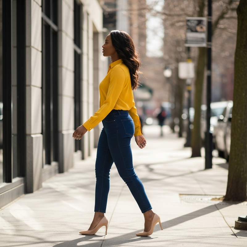Elegant Black Woman Walking in Stylish Casual Wear Elegant Black Woman Walking in Stylish Casual Wear