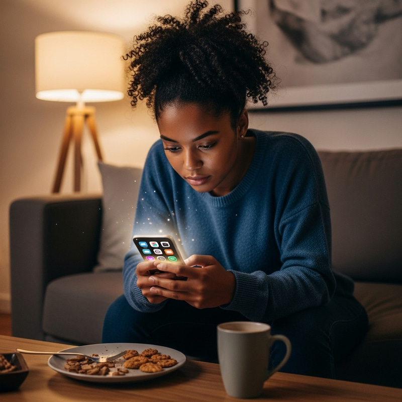 Young Black Woman Obsessed with Social Media | Modern Room