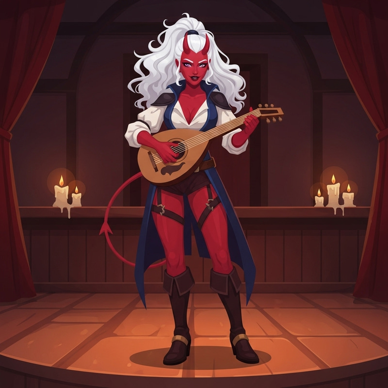 Mischievous Tiefling Rogue Performing with Lute in Tavern Mischievous Tiefling Rogue Performing with Lute in Tavern