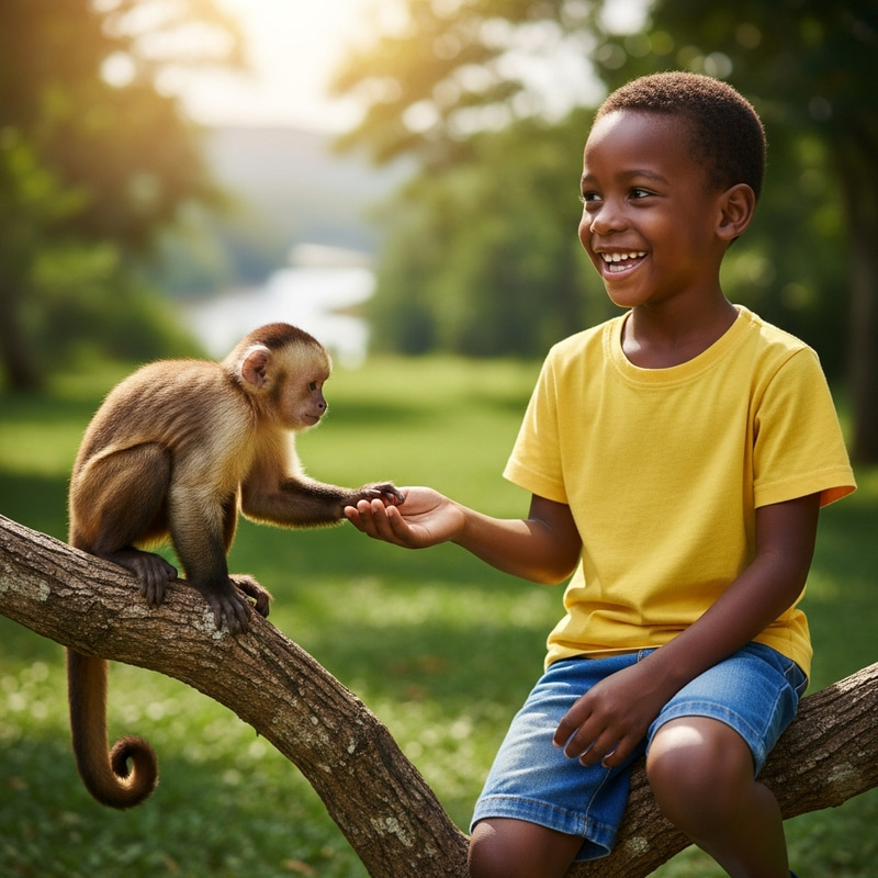 Happy Boy and Monkey - Adorable Friendship