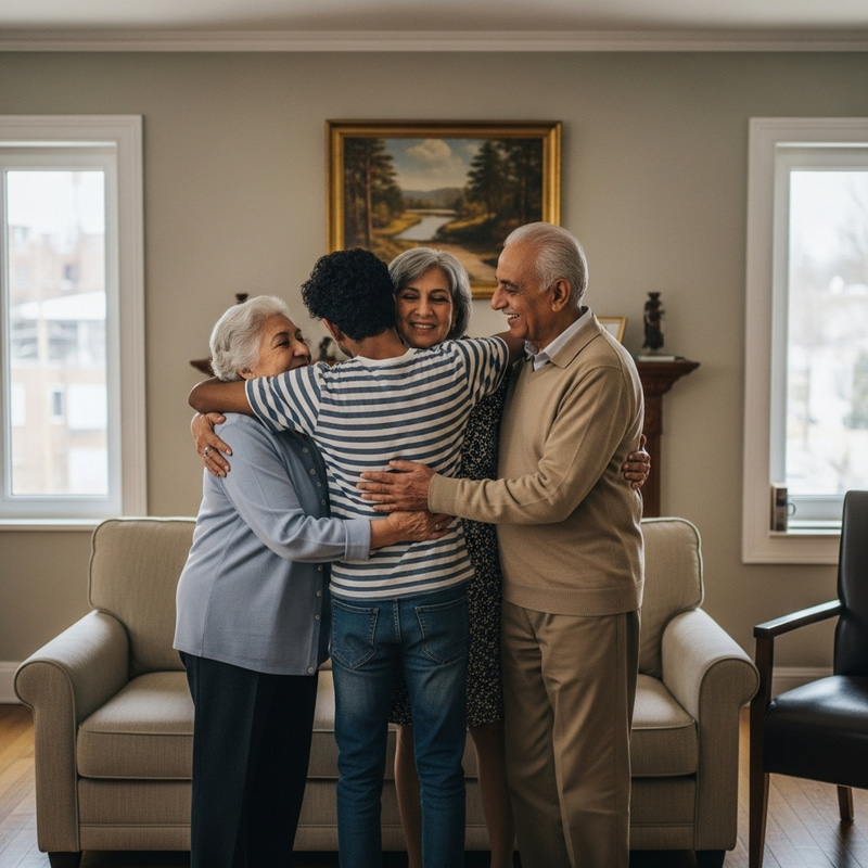 Heartwarming Family Hug in Multicultural Cozy Home
