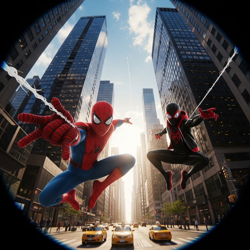 Spiderman and Miles Morales Fisheye Lens Photo Spiderman and Miles Morales Fisheye Lens Photo