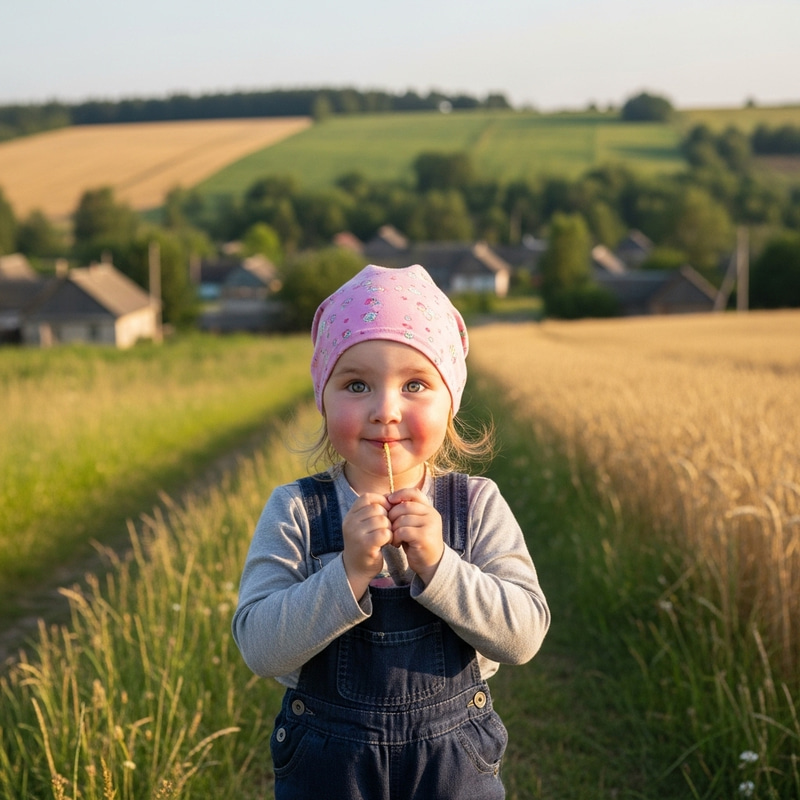 Happy Little Belarusian Girl in Rural Countryside | Serene Landscape. Happy Little Belarusian Girl in Rural Countryside | Serene Landscape.
