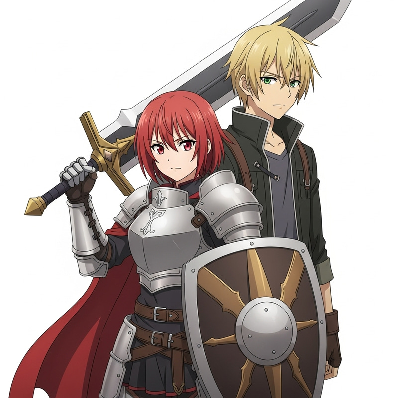 Red-Haired Female Warrior with Giant Sword and Shield