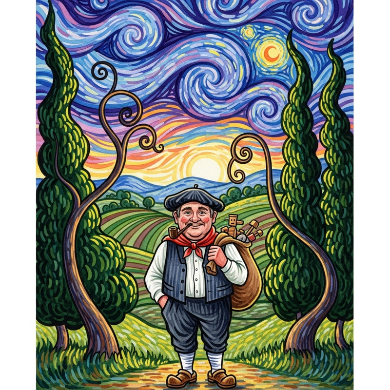 Olentzero Watercolor Portrait in Van Gogh Style - Nature Elements