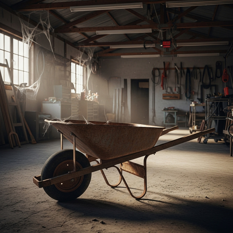 Rusted McQueen Wheelbarrow in Garage - Symbol of Hard Work