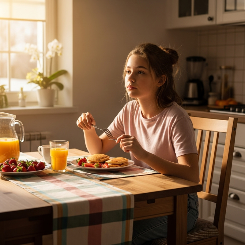 16-Year-Old Caucasian Girl Eating Breakfast in Cozy Kitchen 16-Year-Old Caucasian Girl Eating Breakfast in Cozy Kitchen