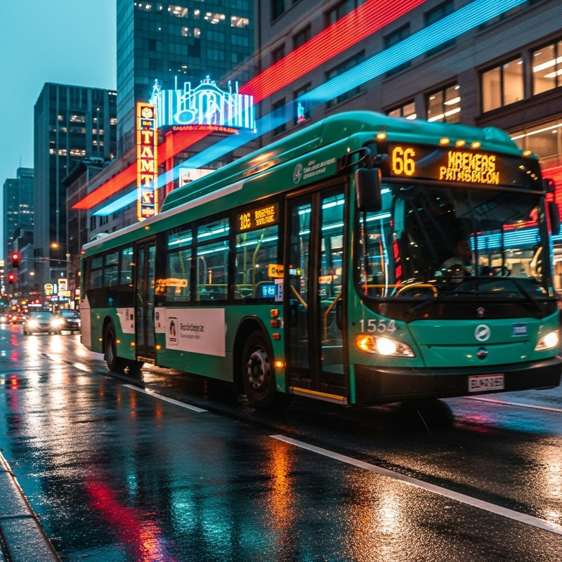 Turquoise Bus Speeding Through City Streets