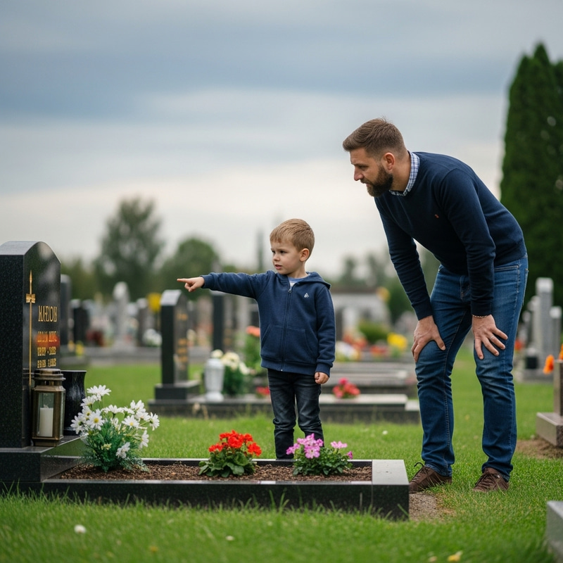 Slavic Boy and Father Pointing at Grave: Touching Moment at Cemetery Slavic Boy and Father Pointing at Grave: Touching Moment at Cemetery