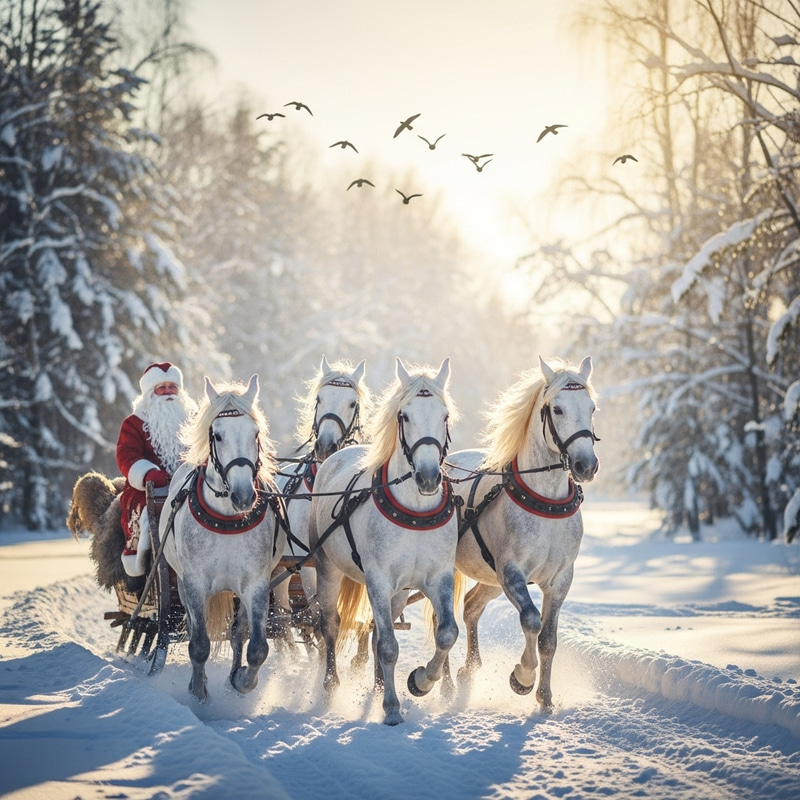 Grandfather Frost on Sleigh with Three White Horses in Winter Scene