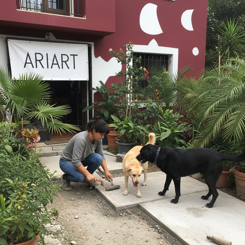 Spanish Woman Constructing Concrete Floor in Exotic Bar Lounge Surrounded by Tropical Plants and Dogs