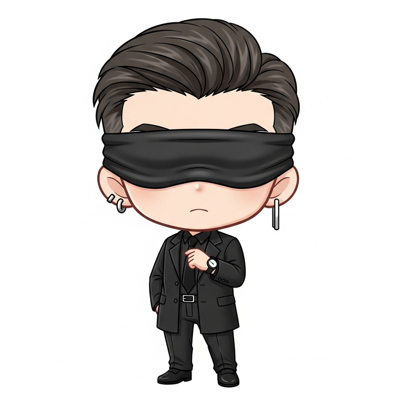 Cute Chibi-Style Blindfolded East Asian Figure in Modern Attire