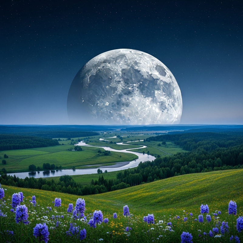 Celestial Landscape: Moonlit Tranquility and Earthly Serenity