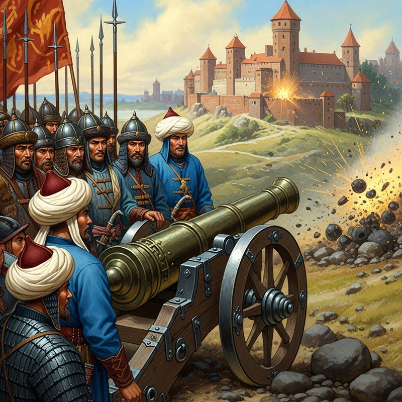 Mongol Troops with Turkish Cannon Attack Polish Castle Art Mongol Troops with Turkish Cannon Attack Polish Castle Art