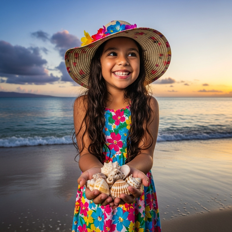 Beach Sunset: Happy Girl Enjoying Seashells Beach Sunset: Happy Girl Enjoying Seashells