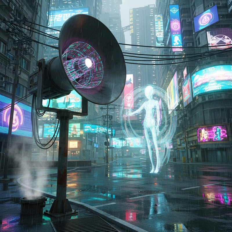 Futuristic Loudspeaker in Cyberpunk Street Scene Futuristic Loudspeaker in Cyberpunk Street Scene