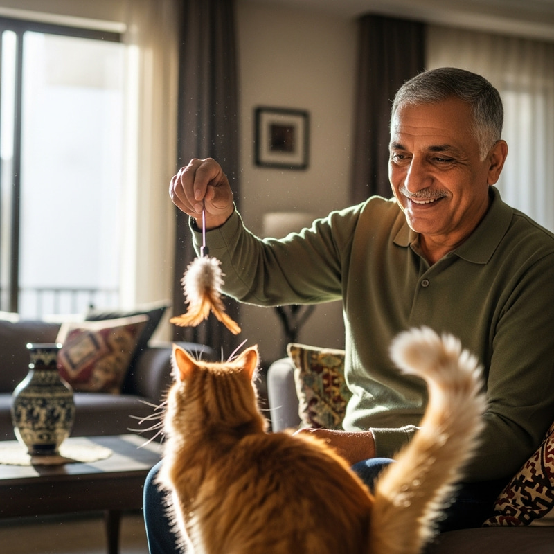 Mature Middle-Eastern Man Playing with Cat Mature Middle-Eastern Man Playing with Cat