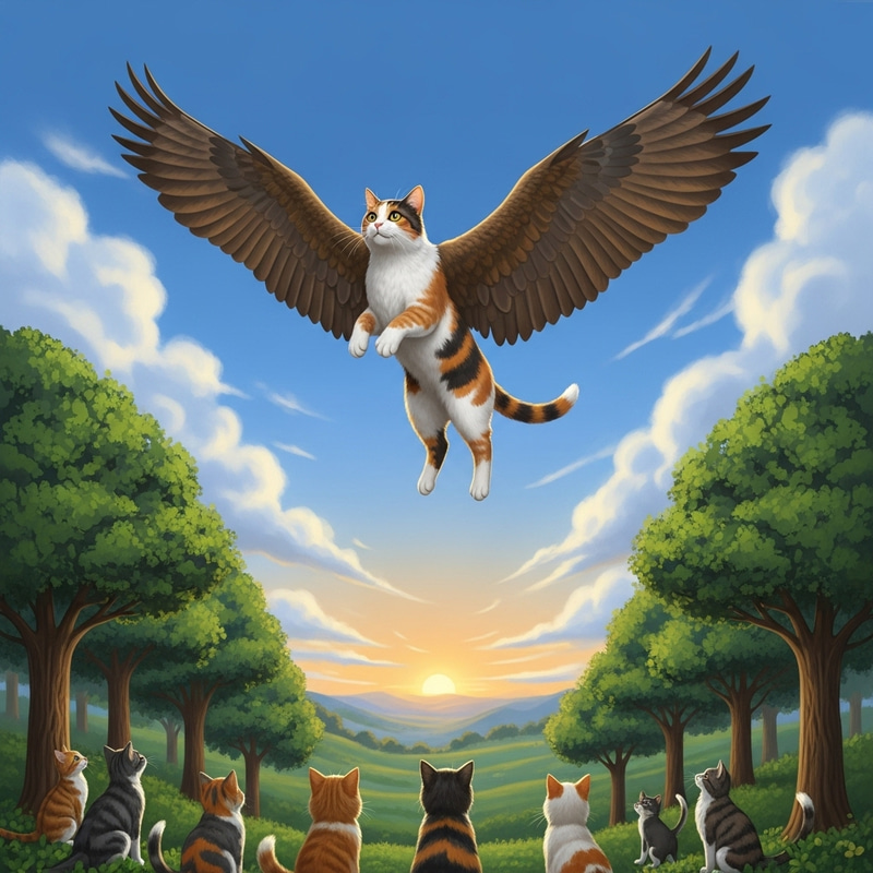 Flying Cat Soaring in a Fantastical Sky