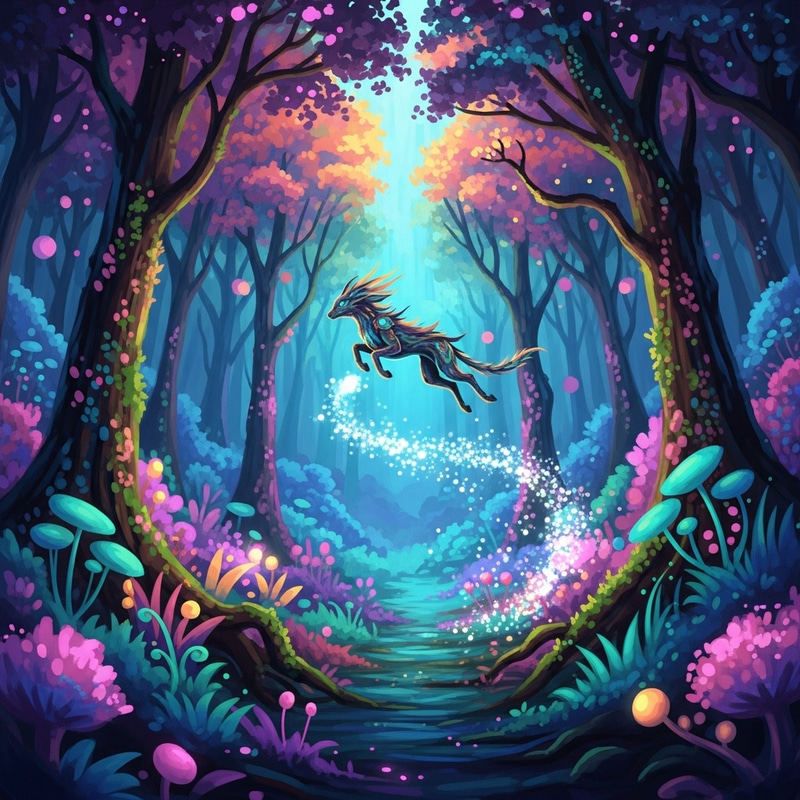 Enchanted Forest with Magical Creature and Vibrant Colors
