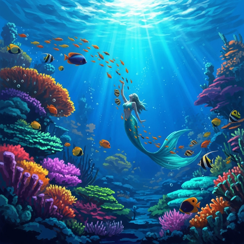 Mystical Underwater Mermaid Scene with Vibrant Coral & Fish Mystical Underwater Mermaid Scene with Vibrant Coral & Fish