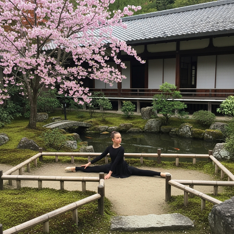 Russian Girl in Black Attire in Japanese Garden Splits Russian Girl in Black Attire in Japanese Garden Splits