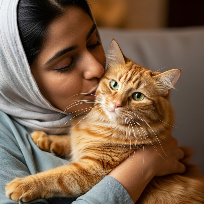 Muslim Woman Kissing Adorable Red Cat