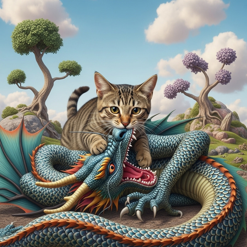 Epic Cat Conquering Dragon in Magical World Epic Cat Conquering Dragon in Magical World