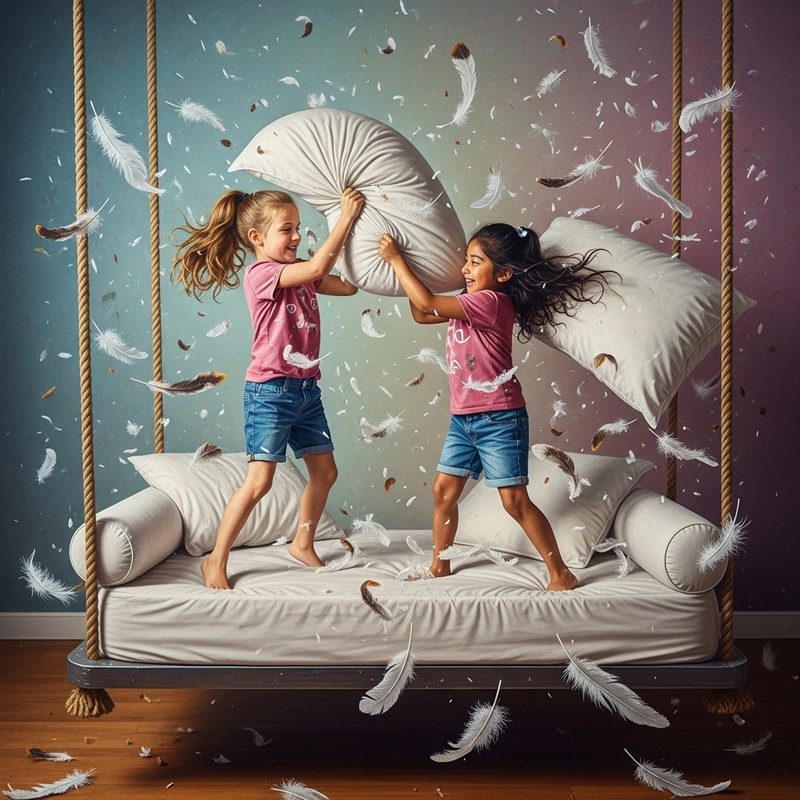 Vibrant Pillow Fight: Playful Girls on Bed Swing Vibrant Pillow Fight: Playful Girls on Bed Swing
