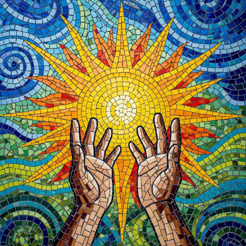 Brilliant Sun Mosaic with Reaching Hands - Sparkling Tile Art | Sol Mozaico Manos Brilliant Sun Mosaic with Reaching Hands - Sparkling Tile Art | Sol Mozaico Manos