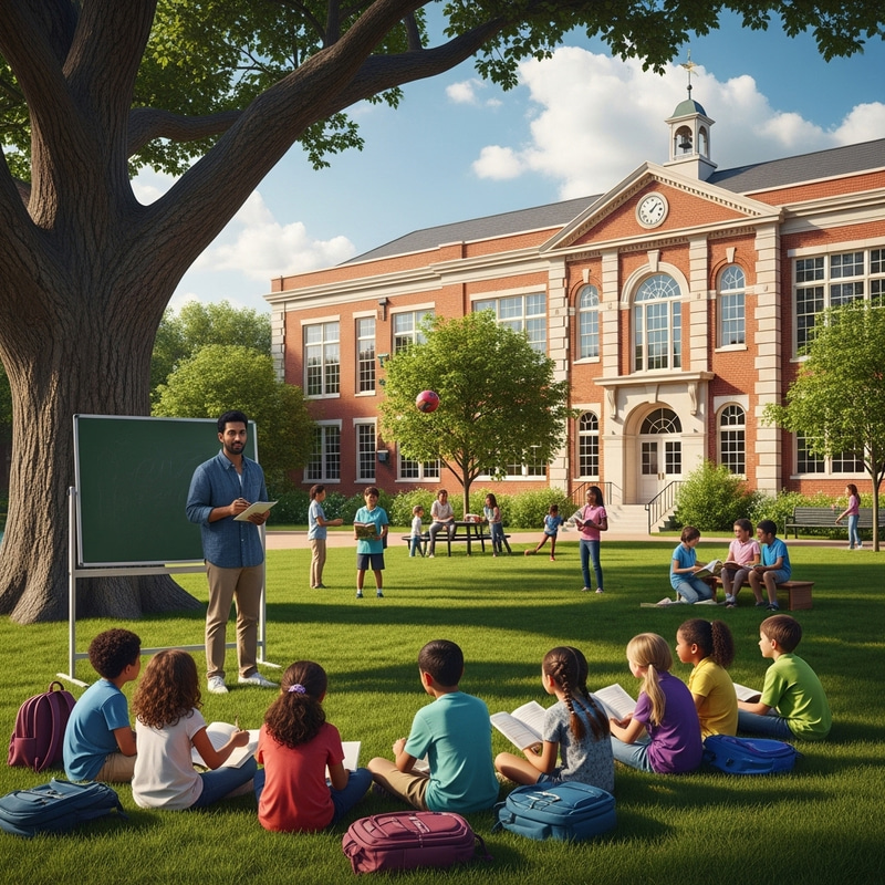 Beautiful School Landscape with Diverse Students Beautiful School Landscape with Diverse Students