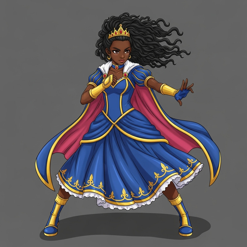 Anime Teenage African-American Princess Street Fighter in Blue Pink Gold