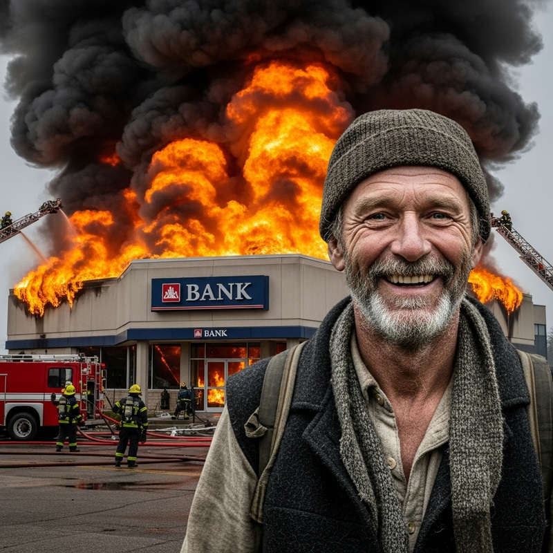 Hopeful Smile Amid Bank Fire - Resilient Figure Hopeful Smile Amid Bank Fire - Resilient Figure