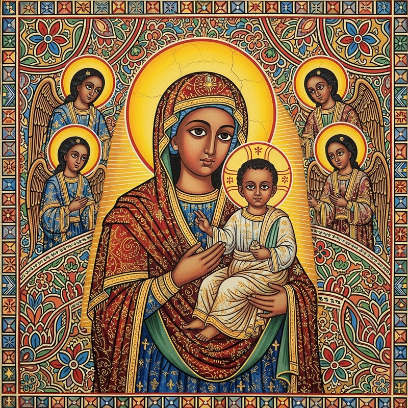 Ethiopian Orthodox Madonna and Child Religious Painting Ethiopian Orthodox Madonna and Child Religious Painting