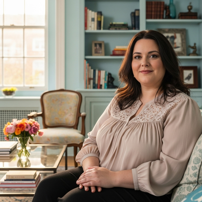 Big-Chested Woman Sitting on Stylish Couch in Light Blue Room Big-Chested Woman Sitting on Stylish Couch in Light Blue Room