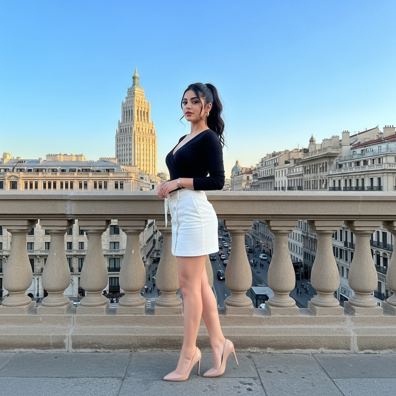 Middle-Eastern Woman in White Mini Skirt and High Heels: Elegant City Look Middle-Eastern Woman in White Mini Skirt and High Heels: Elegant City Look